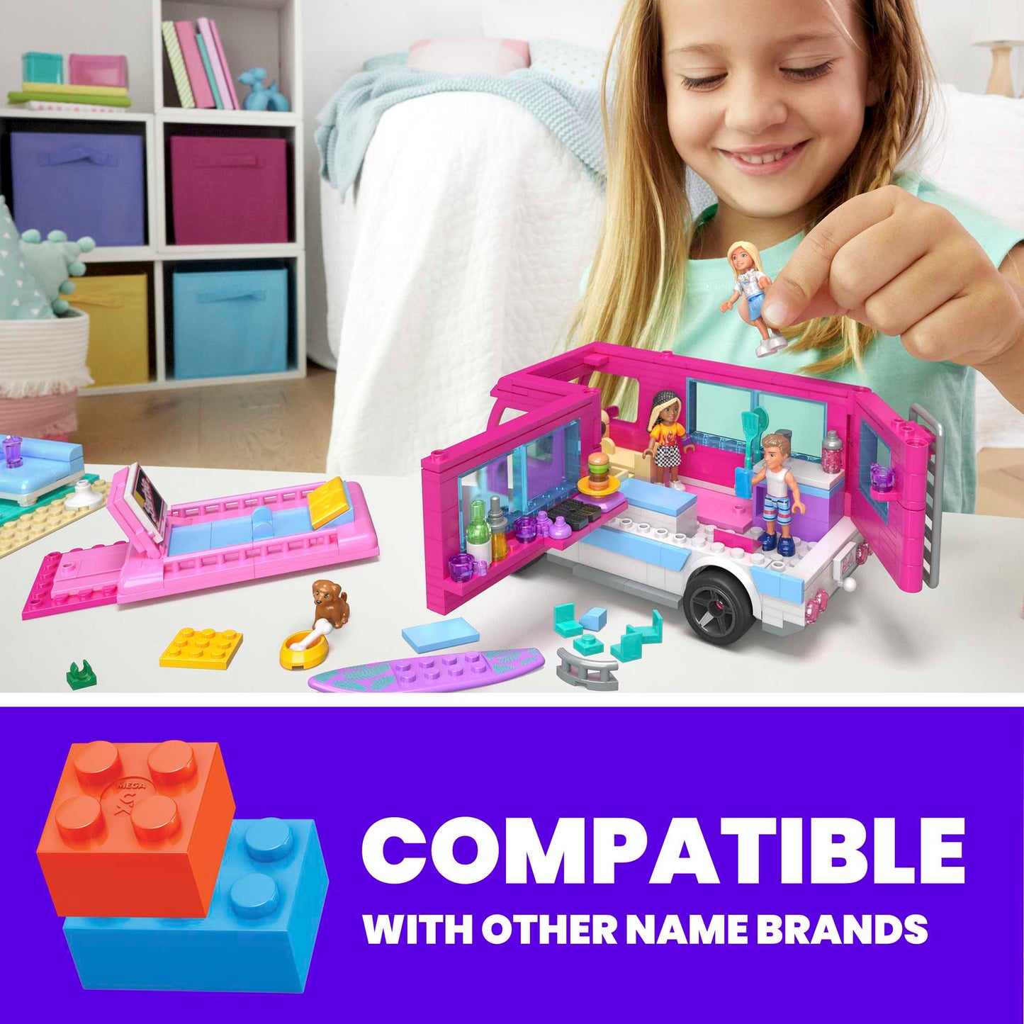 MEGA Barbie Dream Camper Adventure Building Kit Playset With 4 Micro-Dolls (580 Pieces)